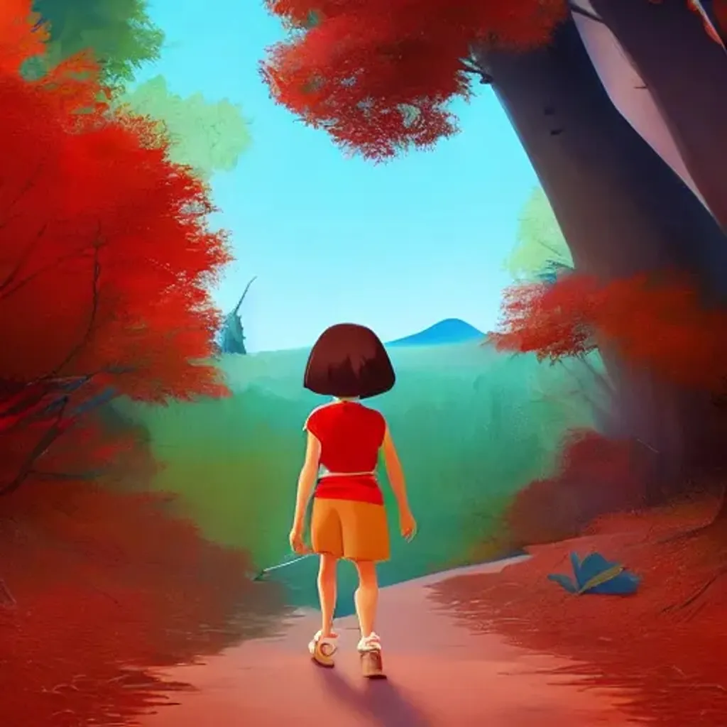 Prompt: goro fujita ilustration dora the explorer with short blonde hair and a long red outfit, walking next to a river in the forest, painting by goro fujita, sharp focus, highly detailed, artstation