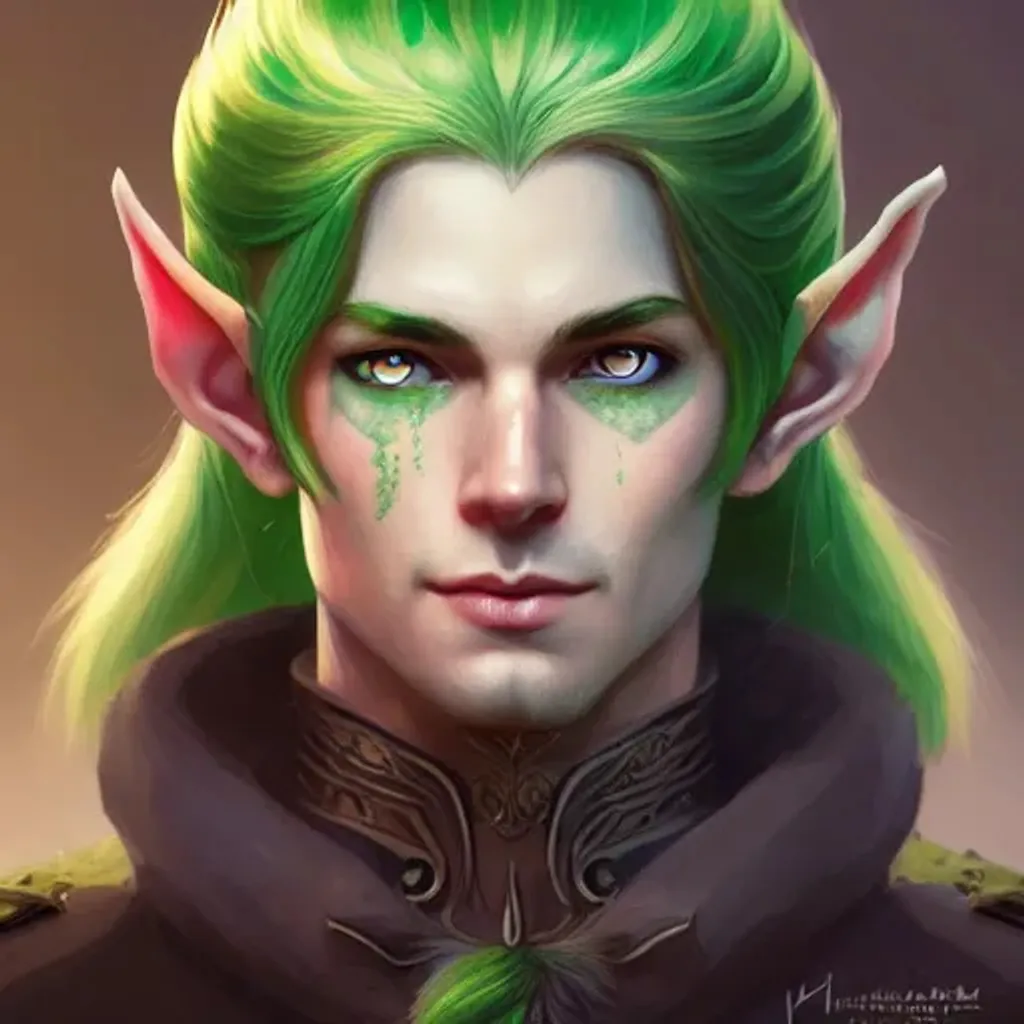 a portrait of male elven hunter with green hair, smi... | OpenArt