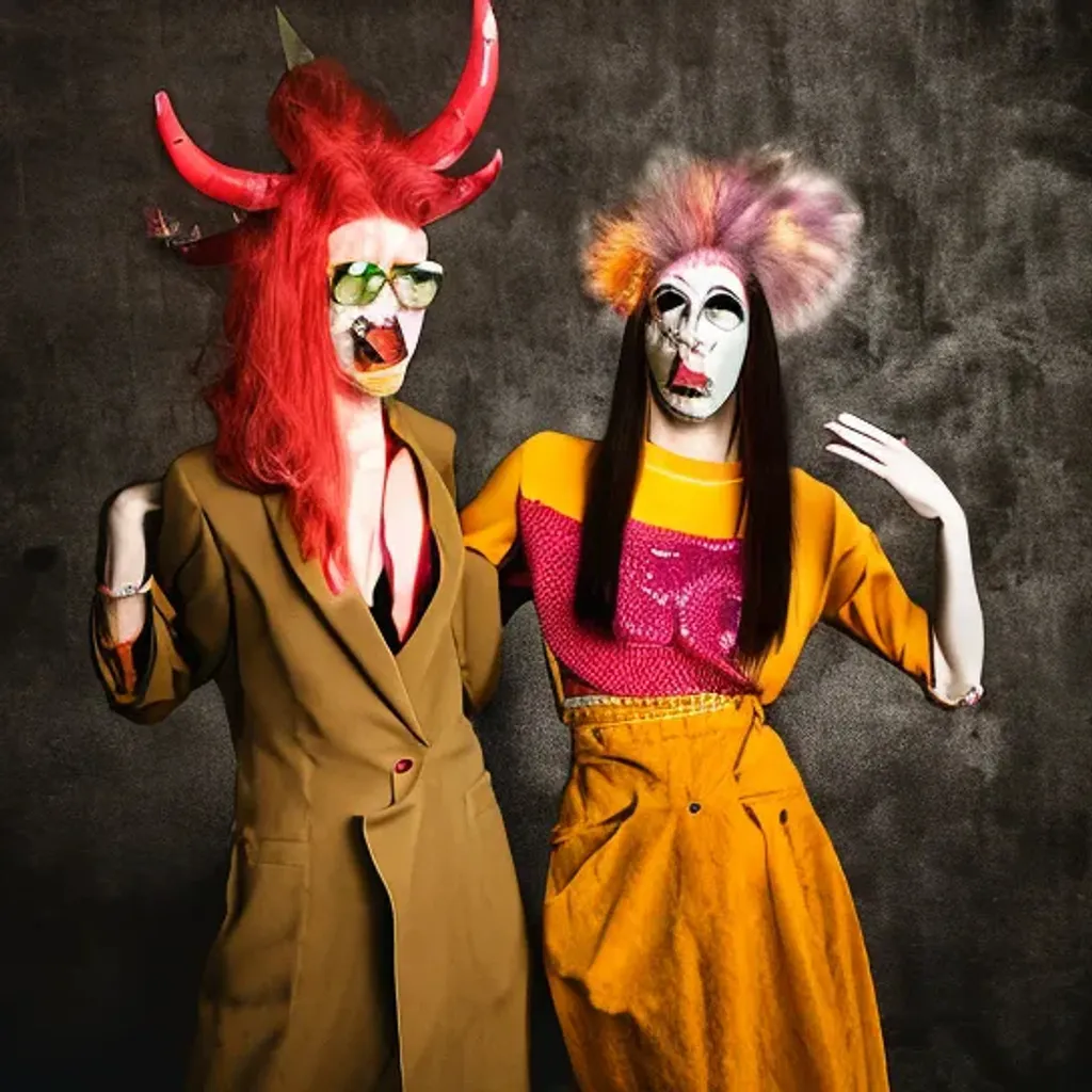 Prompt: two monsters👩🏼‍🦱🎭🤖👩🏼‍🦱👀 70's fashion. dark background portrait photo high detailed