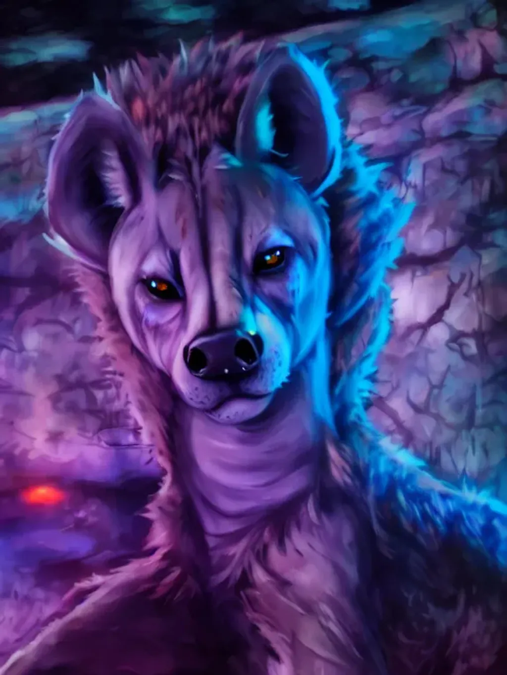 Prompt: detailed fantasy concept art of a hyena, traditional fantasy realism, anthro, animal portrait, fantasy, highly detailed eyes, whiskers, furry ears, gnoll, snout, Werewolf, fur, intimidating, sharp, high resolution, centered, realistic fur, punk Hair, red glowing eyes, black fur, dark fur 