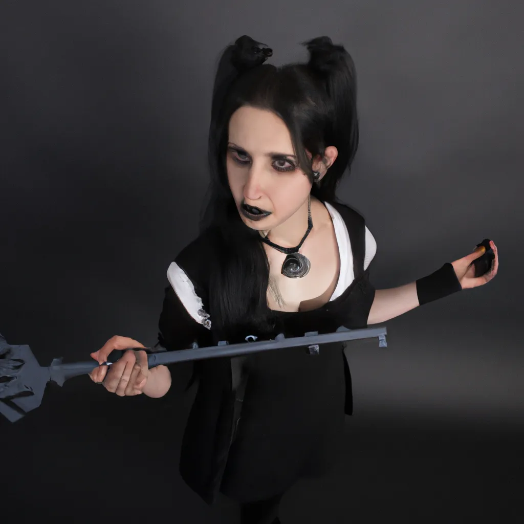 Prompt: a girl with black lipstick and goth hair, holding a keyblade from Kingdom hearts,  gothic clothing design, wide angle lens, 15mm, studio lighting, professional photography, cosplay photoshoot