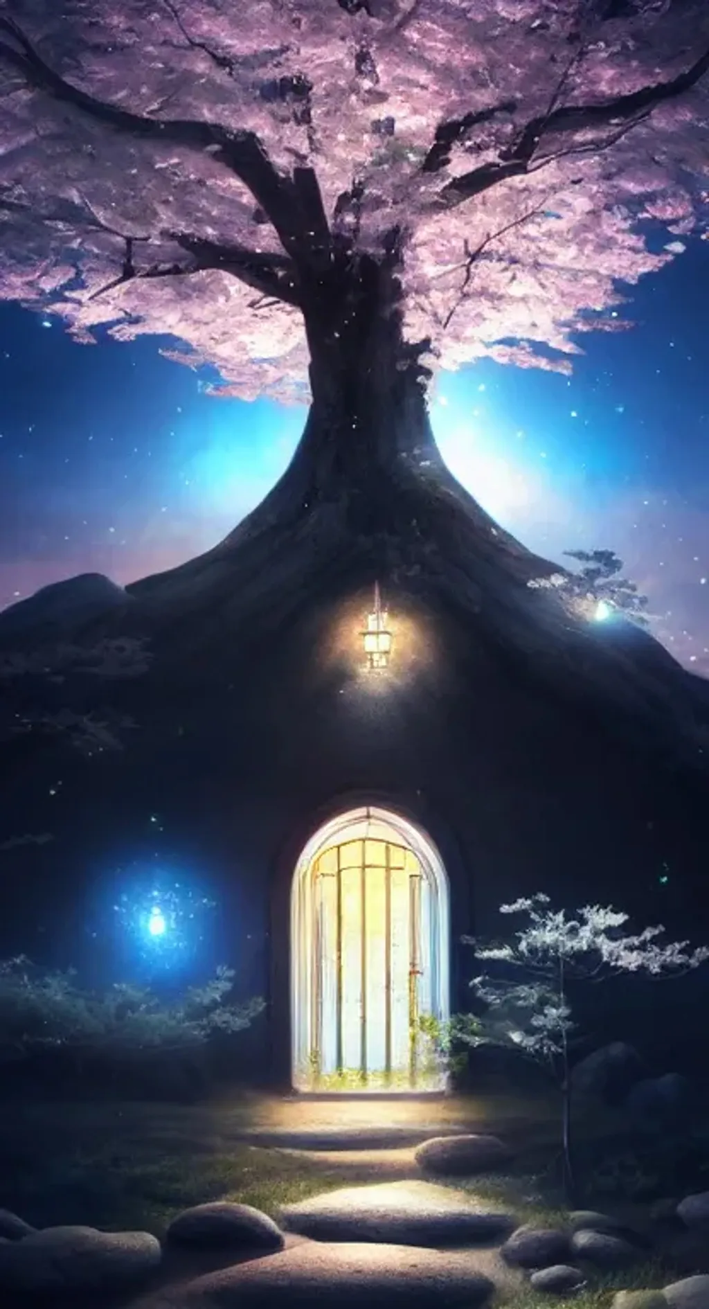 Prompt: an sakura tree with a magical door, a luminescent path with fireflies leads to the door, majestic, giant, night-time, night sky with stars, digital art, art by Jessica Rossier, art by Stephan Martiniere, art by Caspar David Friedrich, Trending on ArtStation, unreal engine