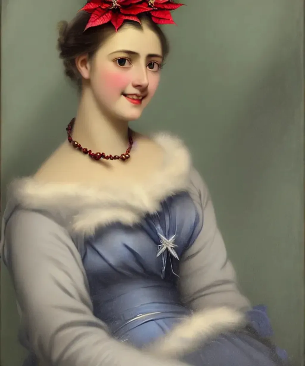 Prompt: young woman, attractive, elegant, confident, optimistic, smiling, indigo pine red fulvous silver photorealistic beautiful big eyes, heavenly look, highly detailed modern Christmas style clothing, fine skin details ((centered composition)) by Theodor von Holst, Edwin Landseer, Winter, snowflakes, poinsettia,  Vintage photograph, portrait painting, global illumination, occlusion, volumetric lighting, volumetric mist, sharp focus, 128K UHD Poser, octane 