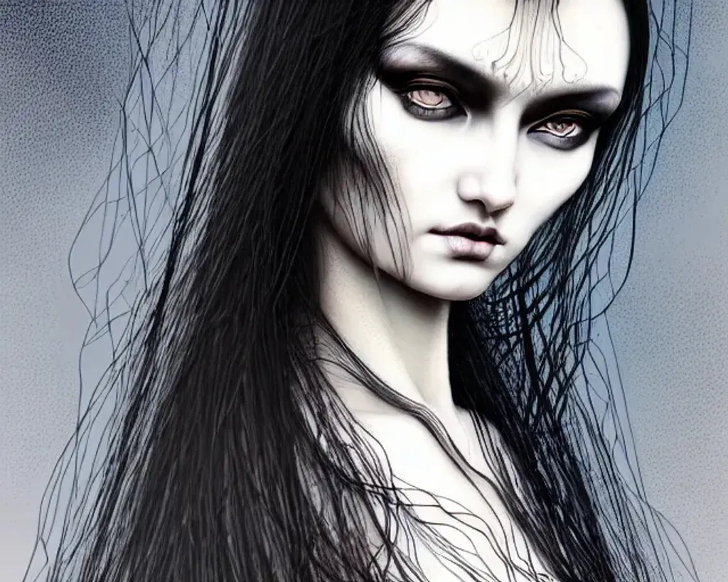 Prompt: Portrait of an ethereal gothic beautiful eurasian woman, smooth soft skin, detailed big dreamy black eyes with double eyelids, beautiful intricate shaggy hair, soft lighting, detailed face, minimal digital illustration by H.R. Giger