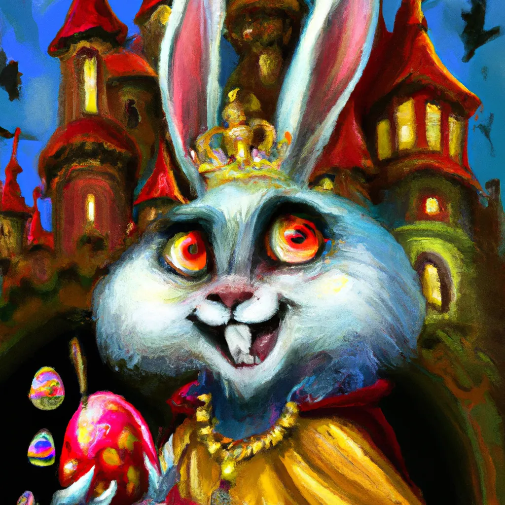 Prompt: Portrait of a creepy grinnig colorful easter bunny with a crown and long teeth and glowing red eyes holding An easter egg that has a crown. White  small bunnies and a fantasy castle in the background. matte painting, bokeh. Elegant detailed digital art By Gil Elvgren and Tim Burton