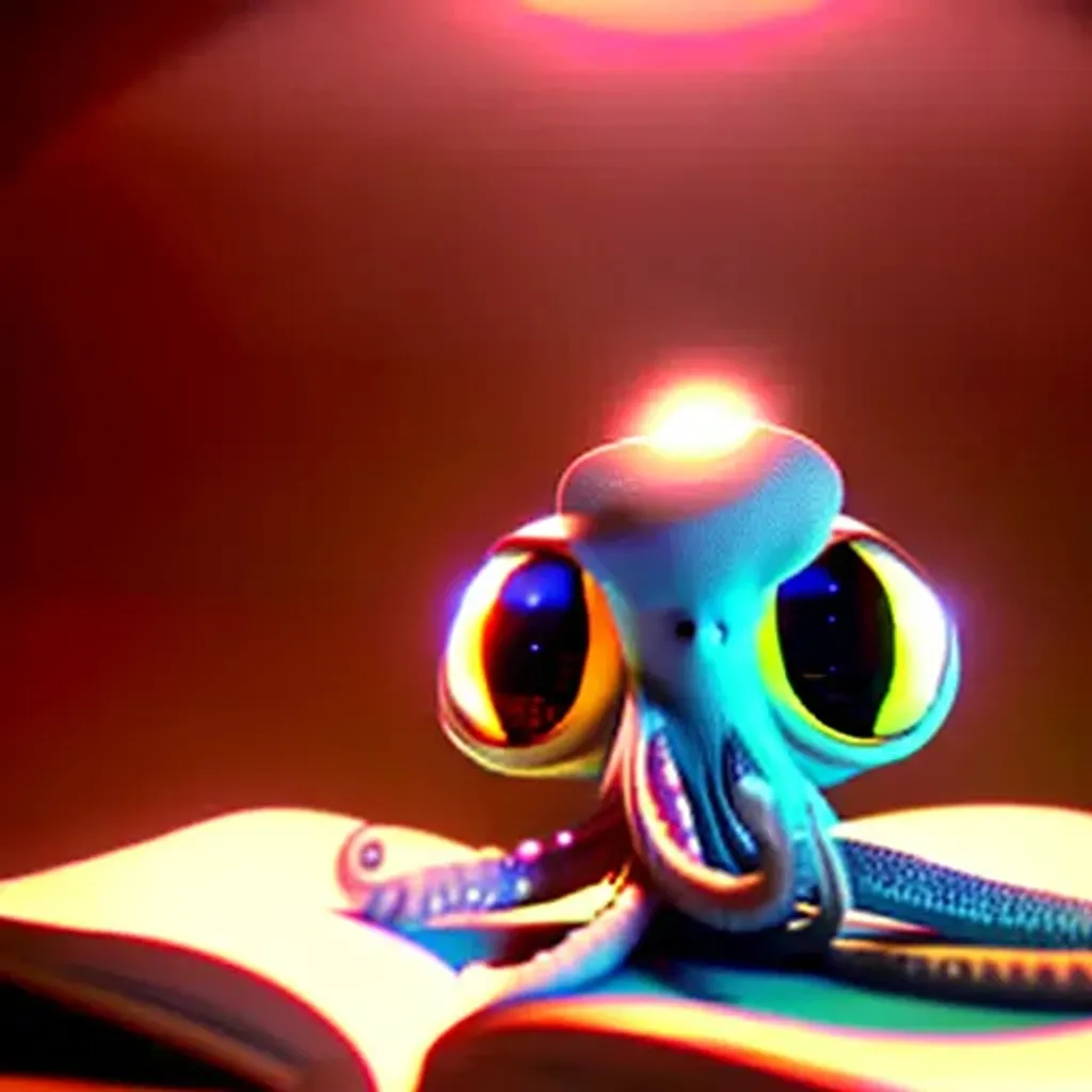 Prompt: Tiny cute cuttlefish alien, closeup cute and adorable, cute big circular reflective eyes, reading a tiny book, holding book in tiny tentacles, bright warm colors, pixar render, unreal engine cinematic smooth, intricate detail, cinematic