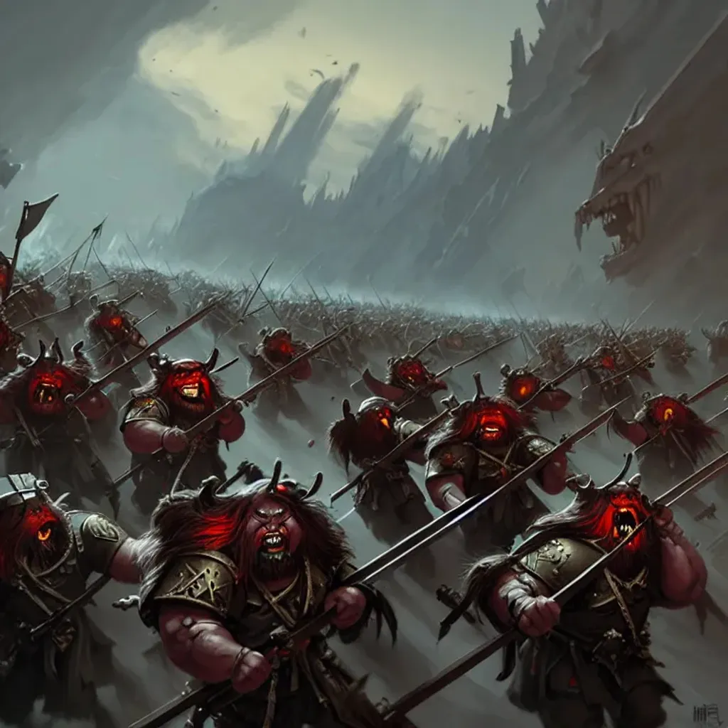 Prompt: heavy troll infantry marching to war with demons, beats, banners behind, crossbows, ballista, dark fantasy art by Mark Simonetti and Bayard Wu, digital art, 8K