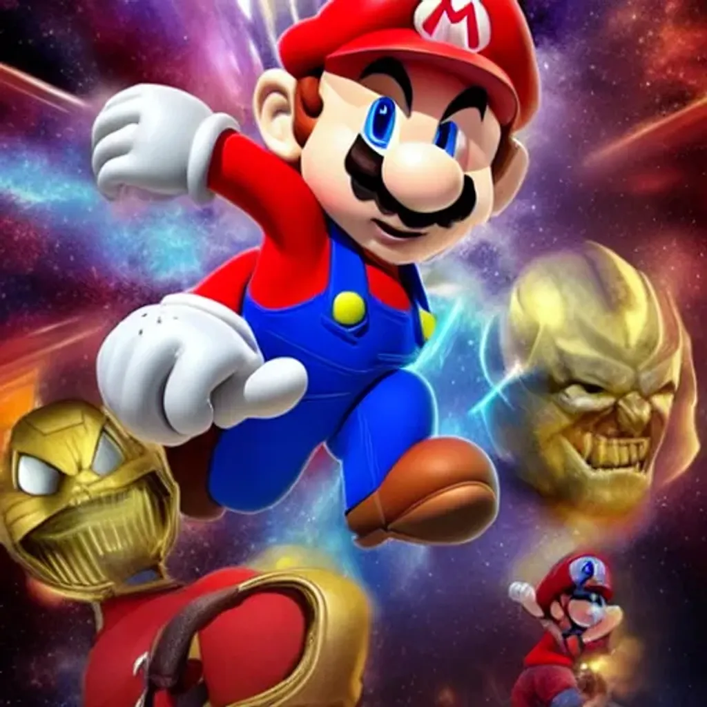 Prompt: Mario fighting thanos