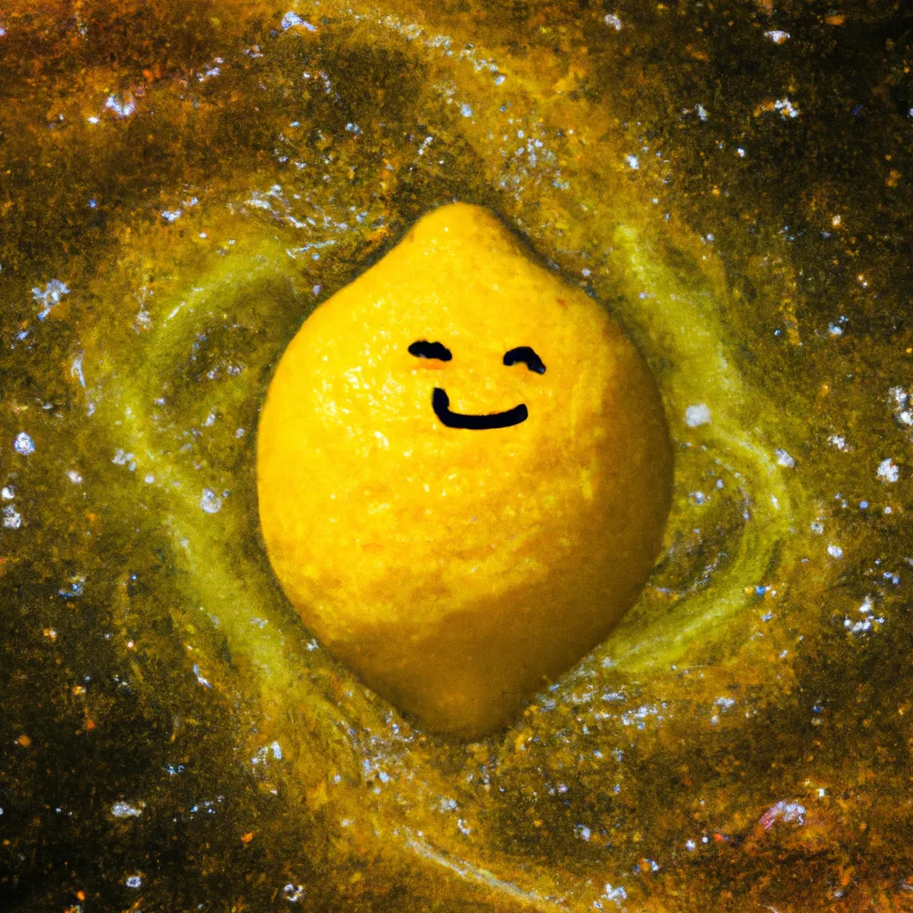 Prompt: Huge happy Lemon at the core of a swirling galaxy of Lemon stars

