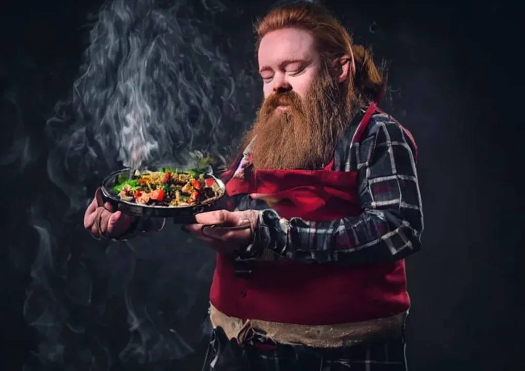 Prompt: Dwarf with red beard cooking food