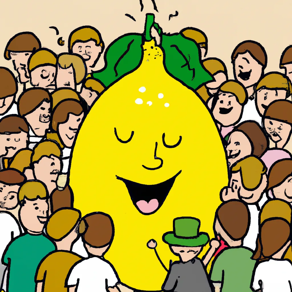 Prompt: Happy Giant Lemon surround by huge crowd of cheering lemon admirers
