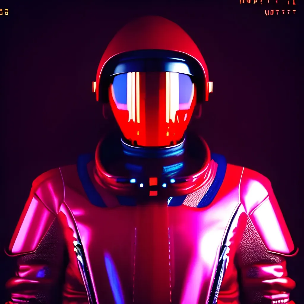 Prompt: Moody Portrait of a red Vaporwave Futuristic Cyberpunk Space Suit,facing towards the camera with swagger,Cinematic Stanley Kubrick movie still, 8K, digital art, unreal engine 5 render, octane render, photorealistic, photography, professional lighting and composition, award winning, intricate details, iconic 