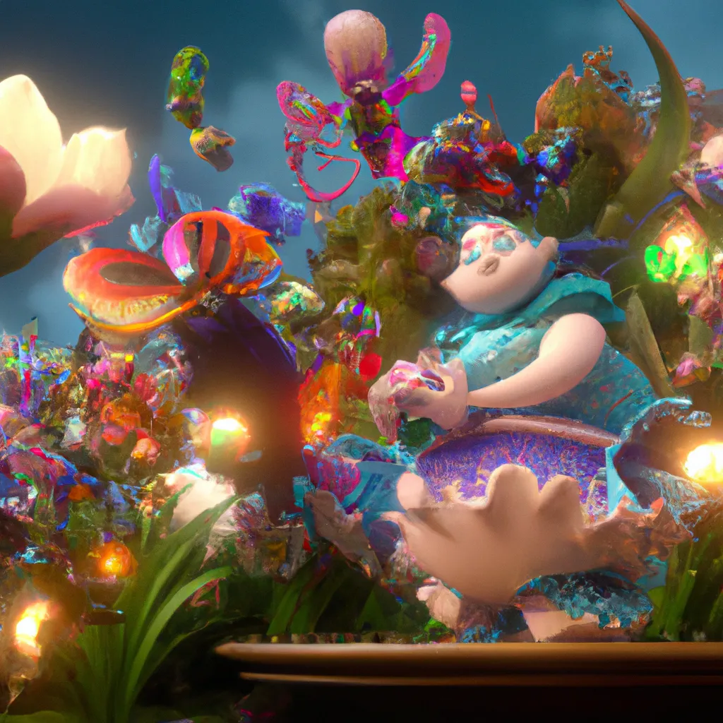 Prompt: Garden of Earthly Delights | Curvaceous Light bending cute angels covered in halogenic decadent flowers in the style of Bruce Pennington, Dali, Munch, Escher, Klarwein, Yamamoto, Hattori, Leyendecker, Mullins | dark background | ultra sharp focus | 3d octane render artstation trending 8k unreal engine | Avatar movie| Disney Pixar Dreamworks 