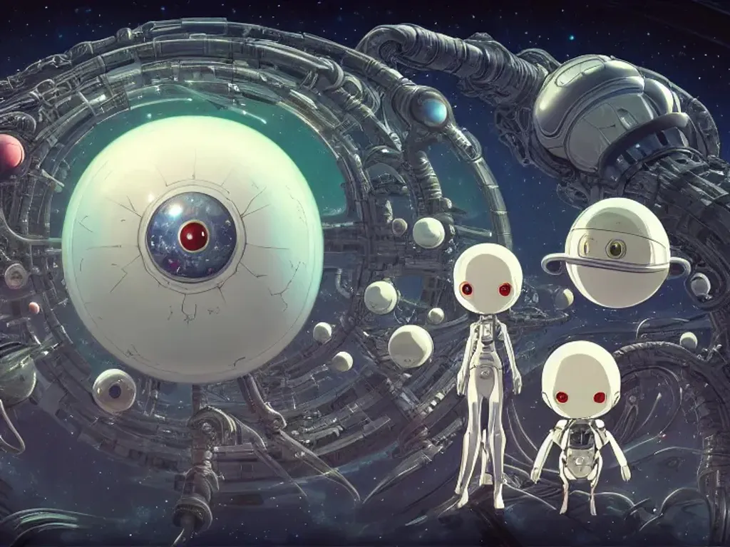 Prompt: painting of people with alien life, deep space, anime, elegant, insanely detailed and intricate digital illustration by hayao miyazaki and takashi murakami, a masterpiece, 8k resolution, trending on artstation, dark, dynamic lighting, futuristic, neir automata, final fantasy, epic, planets, studio ghibli