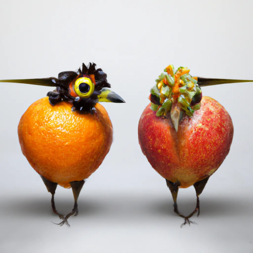 Prompt: Aexotic birds made out of fruit, high quality, 4k, photorealistic