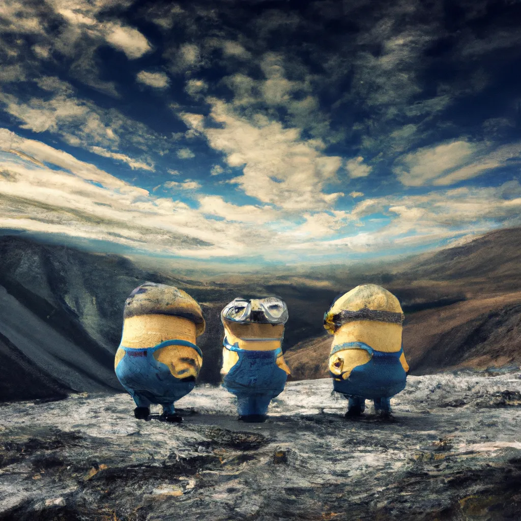 Prompt: award winning panorama picture of 2 minions from the movie 'despicable me', hyper realistic, standing on a mountain, discussing with each other about the end of the world.
