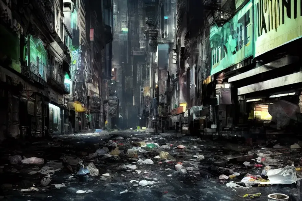 Prompt: matte painting, trash on streets, city, sci fi