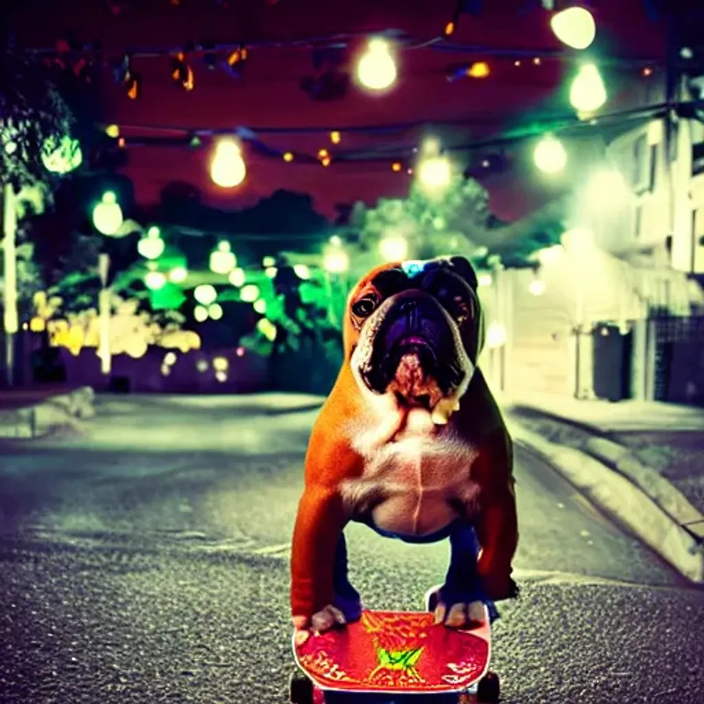 Prompt: Bulldog, on top of a skateboard, looking forward, at night , bright colors