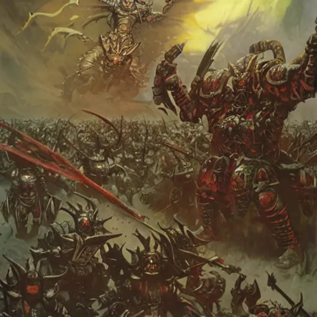 Prompt: Demon androgynous heavy armored and armed elves of Nurgle march to battle, war, glory, lust, banners, fantasy art by Frank Frazetta and Marc Simonetti, highly detailed, oil on canvas