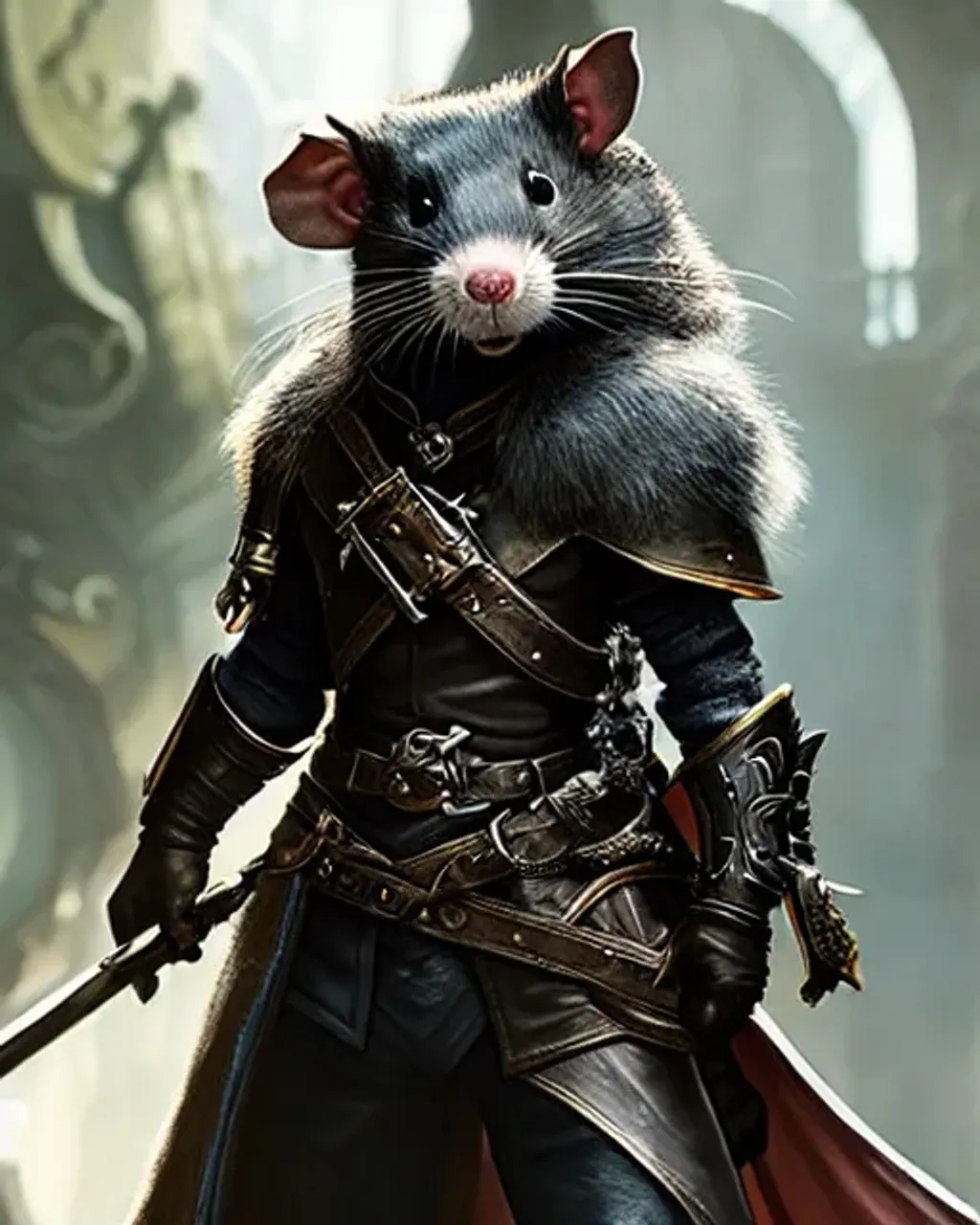 Prompt: Hyperdetailed portrait of a rat character wearing star-forged leather armor, fantasy magic atmosphere, smoke