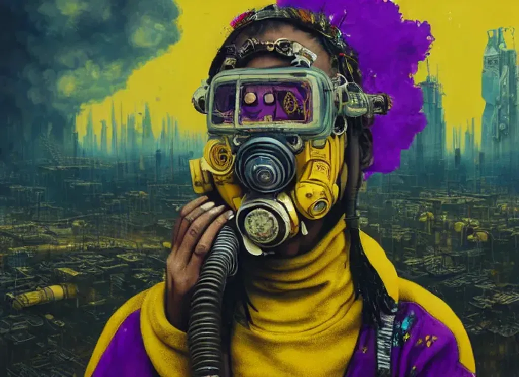 Prompt: A detailed illustration of ((((vast Dystopian Wasteland futuristic metropolitan)))), ((((reclaimed by nature)))), ruins, a person wearing yellow and purple oxygen mask, tribal patterns, maximalism, (((oil dripping))), oil painting, ornate, disturbing, dramatic lighting, hd, ultra detailed