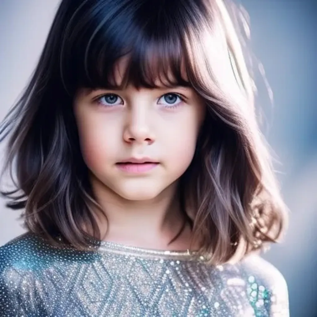 Prompt: cute beautiful child girl with {dark hair} from another civilization and race, dressed in beautiful soft transparent silver clothing with geometric symbols, White eyes, {{{dark hair}}}, closeup portrait with soft light bokeh, standing on the spaceship, beautiful intricate {soft hair}, anime wide blue eyes, natural color of lips, symmetrical face, soft lighting, {deep blue eyes with ultra details}, {deep blue eyes with light reflections}, A very small mouth, a kind smile, a sparkle in the eyes, {{{ultra high blue eyes render details}}}, ultra-realistic, {smooth soft skin}, sharp eyes, cute smile, {eyes with reflection}, bright soft light from the behind, {5 fingers with ultra high details and render quality}, Multidimensional reality, parallel world