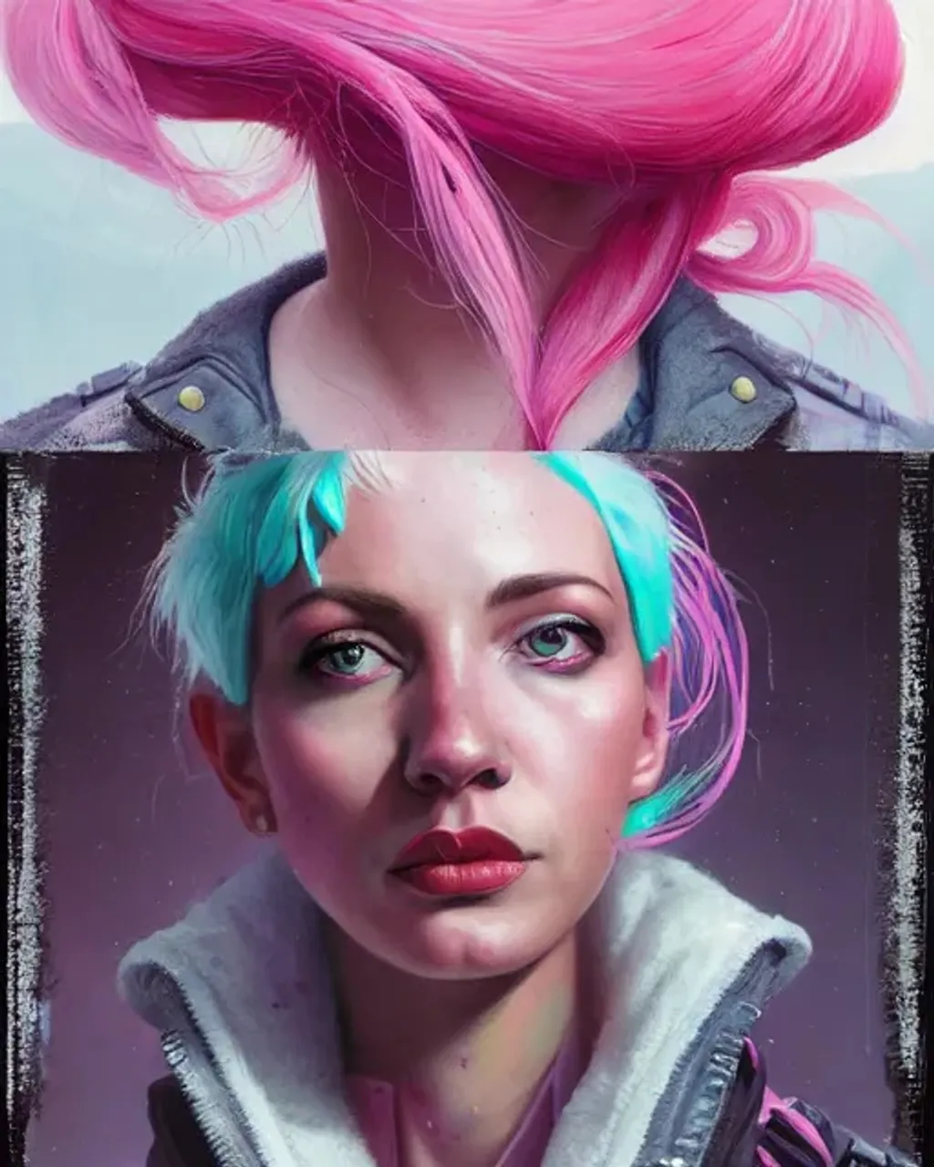 Prompt: Portrait of atompunk woman with pink hair and with cute face, scenic background, perfect composition, hyperrealistic, photorealism, super detailed, 8k, high quality, trending art, trending on artstation, sharp focus, studio lighting, intricate details, hyperdetailed by greg rutkowski, dino tomic