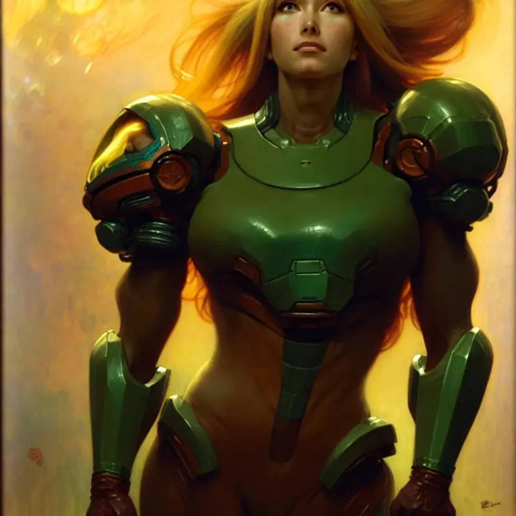 Prompt: Full head Portrait of Samus Aran from metroid, painting by gaston bussiere, craig mullins, greg rutkowski, alphonse mucha