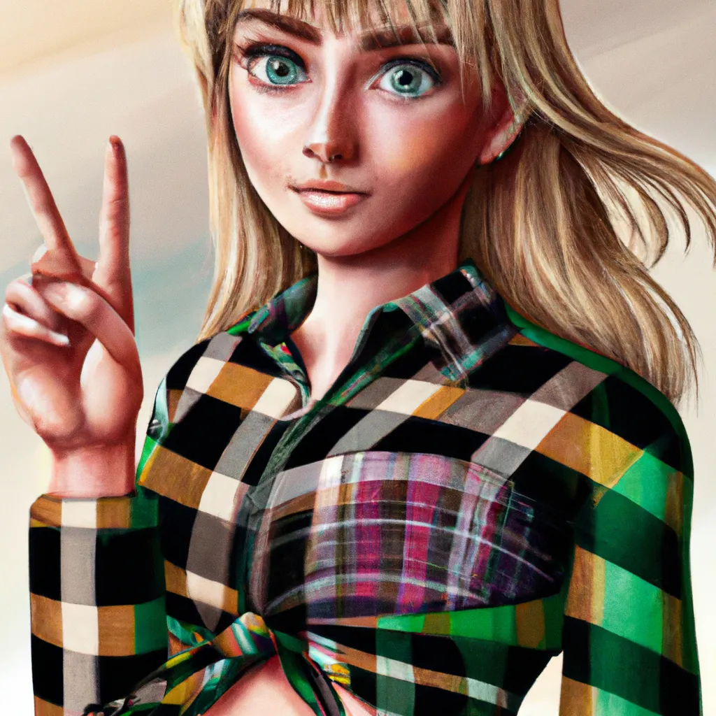 Prompt: portrait of a  17 years old girl with blond hair and green eyes who's doing de peace simbol with her rigth hand and wearing a crop top and a plaid shirt , intricate, elegant, highly detailed, digital painting, artstation, concept art, smooth, sharp focus, illustration