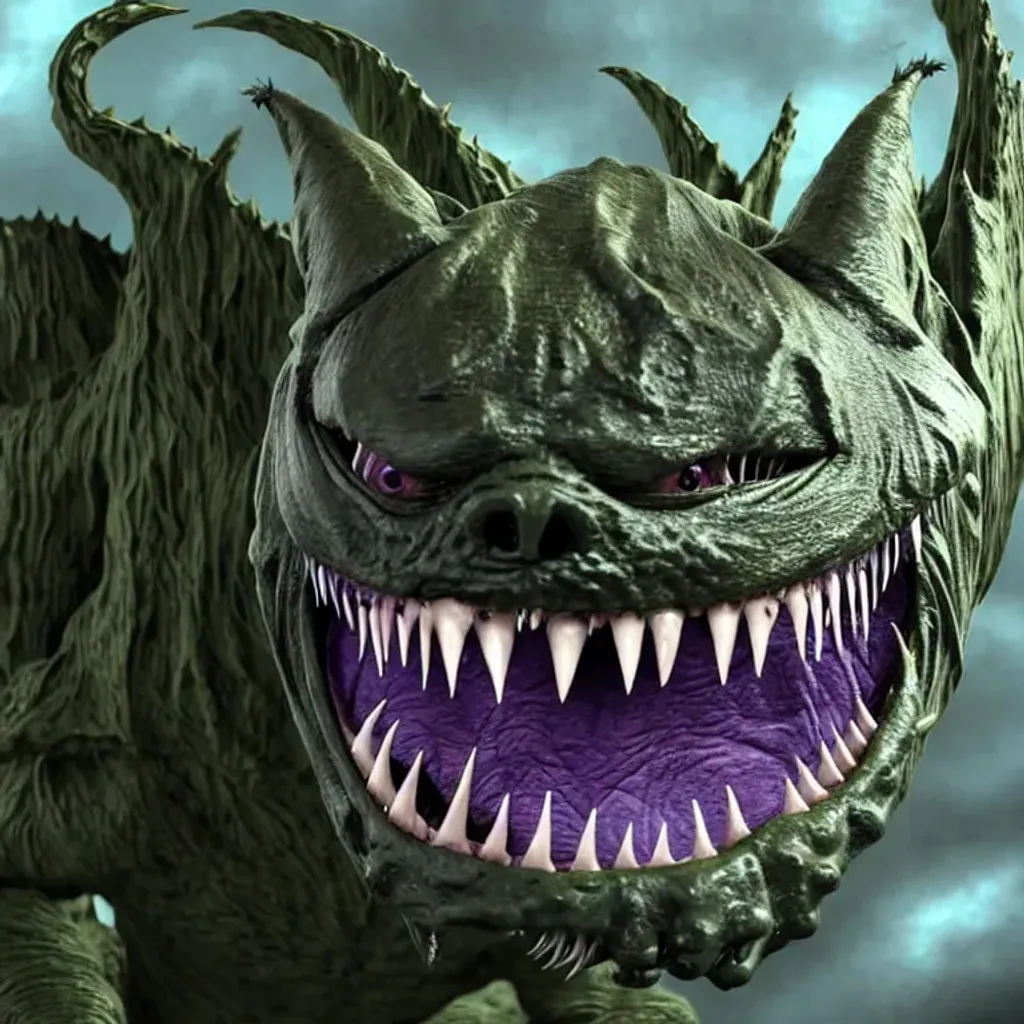 Prompt: The creature jumped over Katch. The monster was very agitated, snarling and snorting, snapping its long powerful jaws and jagged razor fangs. Katch heard its roar as it opened its mouth wide, revealing a long purple tongue and fleshy mouthparts. The creature had intelligence in its solid-bright-green eyes almost masked by its savagery. The thing shook its muscular body and whipped its head around, scanning for targets to attack. the creature's blue-gray fur covered undulating muscles. It had a long curved back with a big boney spine, and six long red claws on each of its four paws. It had a boney tail covered with blue-gray fur and small pointy ears on its head. 