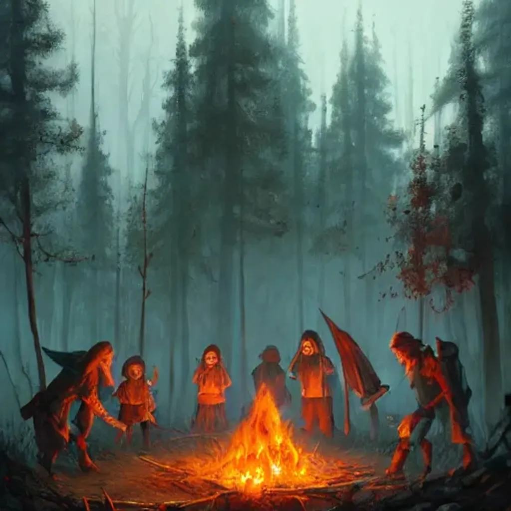 Prompt: eery ritual bonfire in night woods, subtly fun colors, hyperdetailed masterpiece by greg rutkowski, trending on artstation, centered, in frame, perfect composition