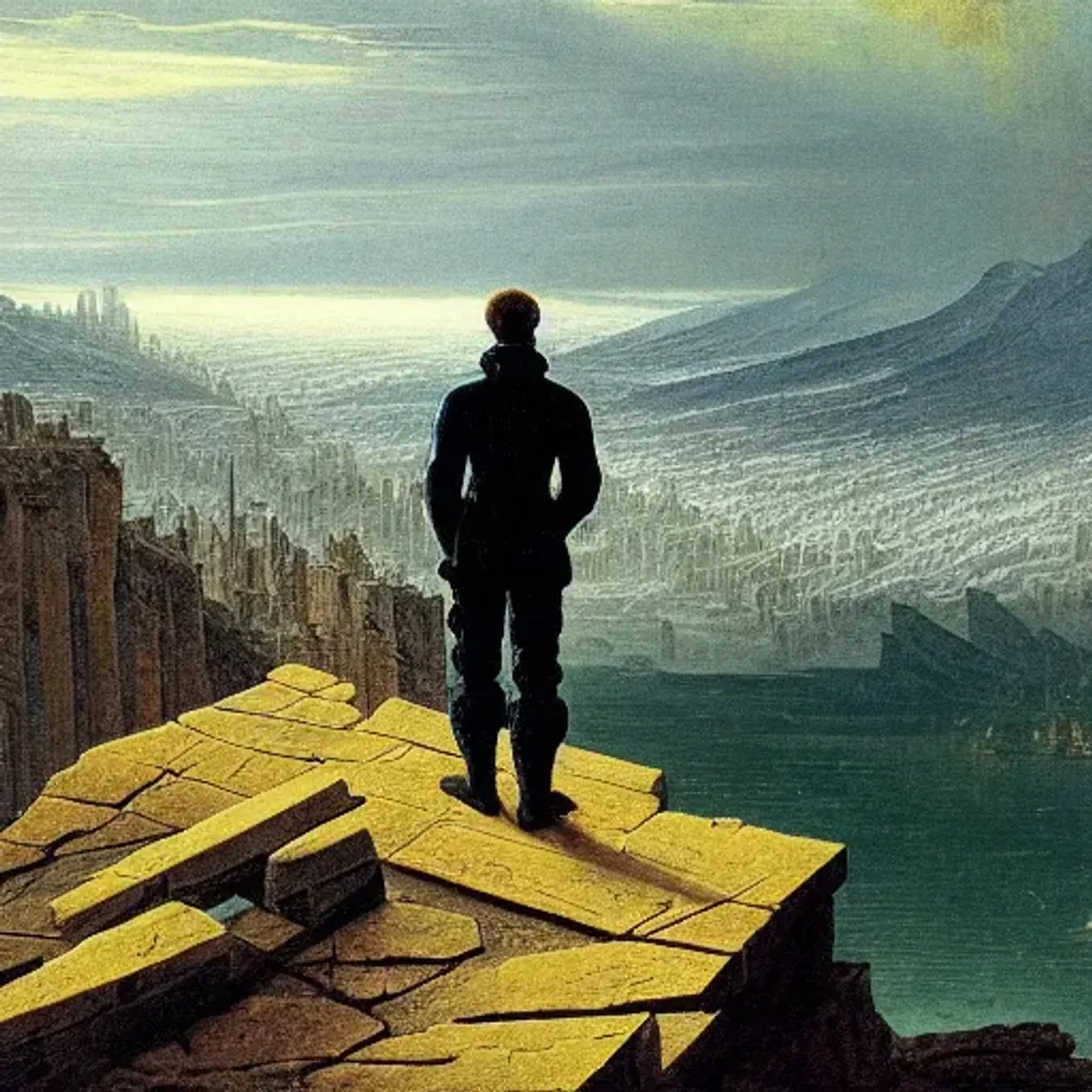 Prompt: Man with his back to us in hazmat suit looking over a mountainous ledge at a crumbling city, apocalypse, caspar david friedrich painting