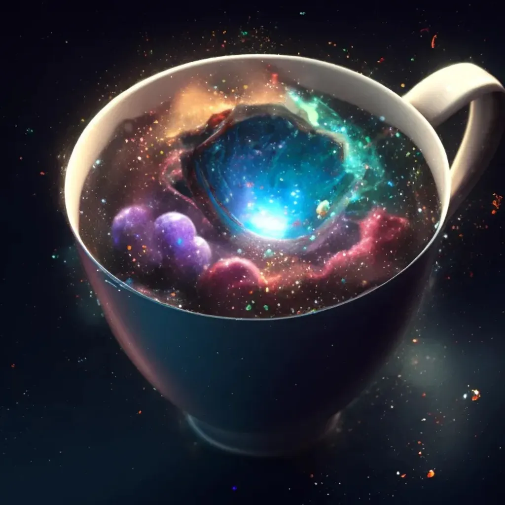 Prompt: the shot of galaxy inside of a teacup, cover art, CGSociety, ZBrushCentral, 64 megapixels, digital illustration, detailed background