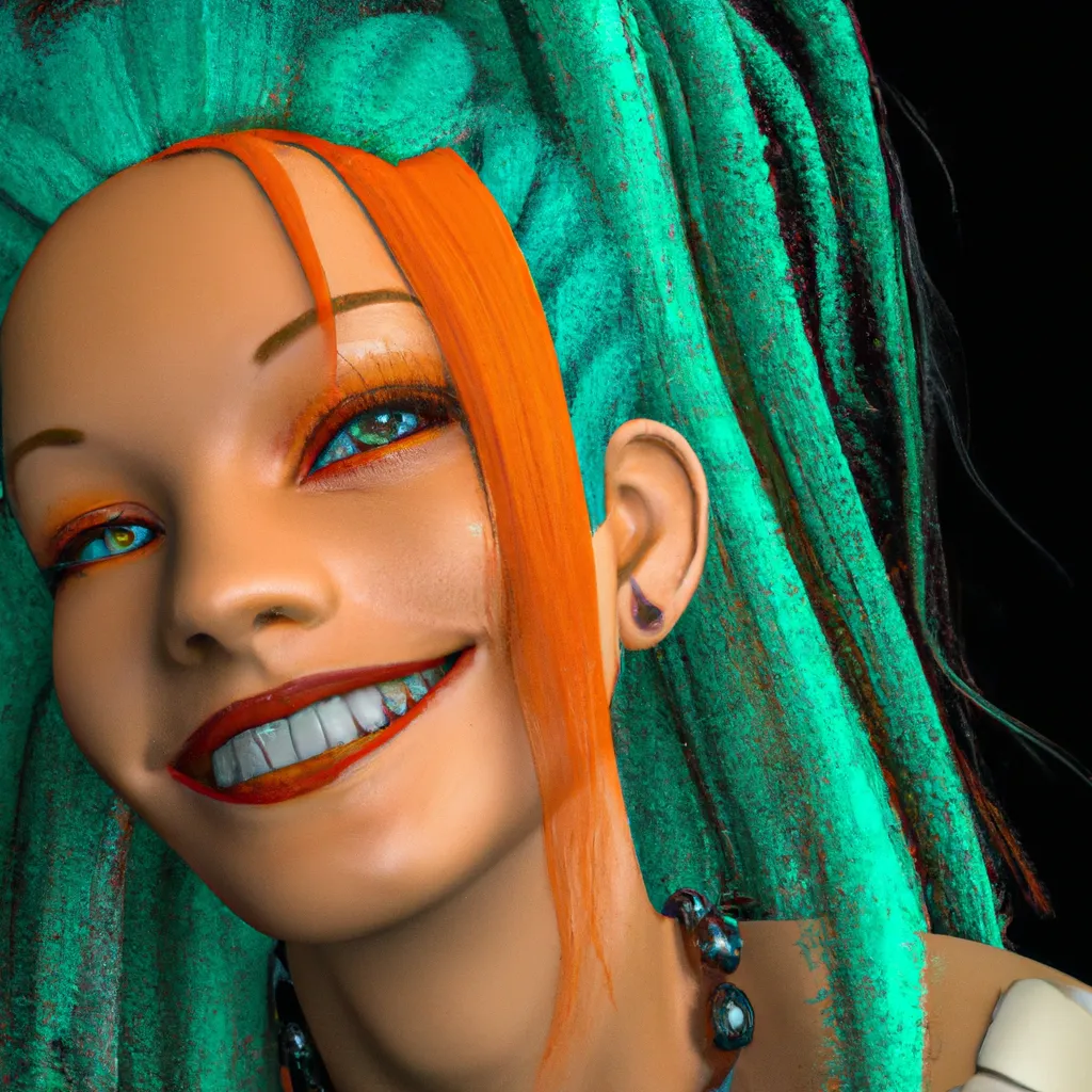 Prompt: half body shot, golden ratio face of a BJD 3D solarpunk, bloodyfaster, ultra realistic, 16k, trending, detail, Daz Studio, Genesis 8.1 Female, face recognizably human, teal hair with tendrils, green lipstick, orange eyeshadow, coy smile, smirk