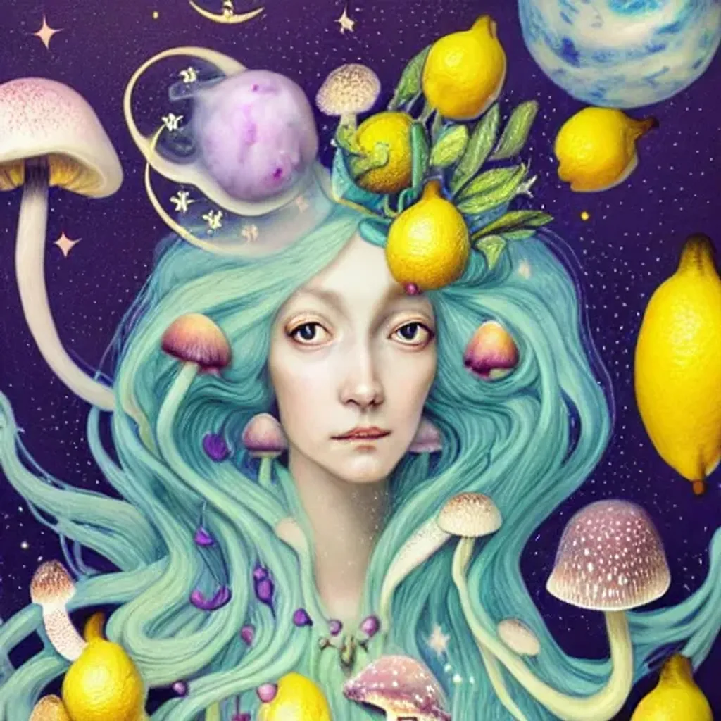 Prompt: Rococo Pastel witch, lemons, close portrait, Beautiful witch with mushrooms and orchids coming out of her hair, mushrooms, stars, planets, hq, fungi, celestial, moon, galaxy, stars, victo ngai, Ryan Hewett 