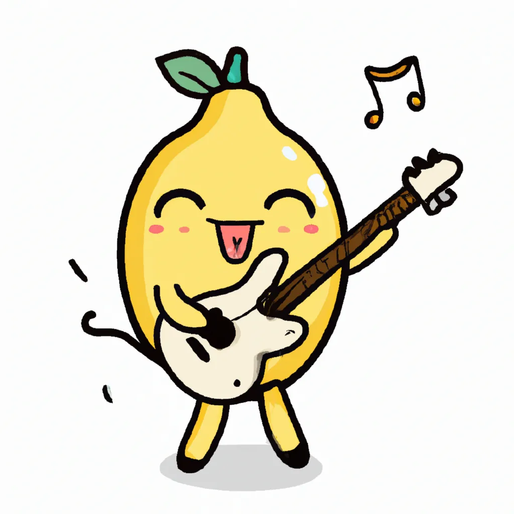 Prompt: a cute, happy, kawaii, cartoon lemon playing an electric guitar