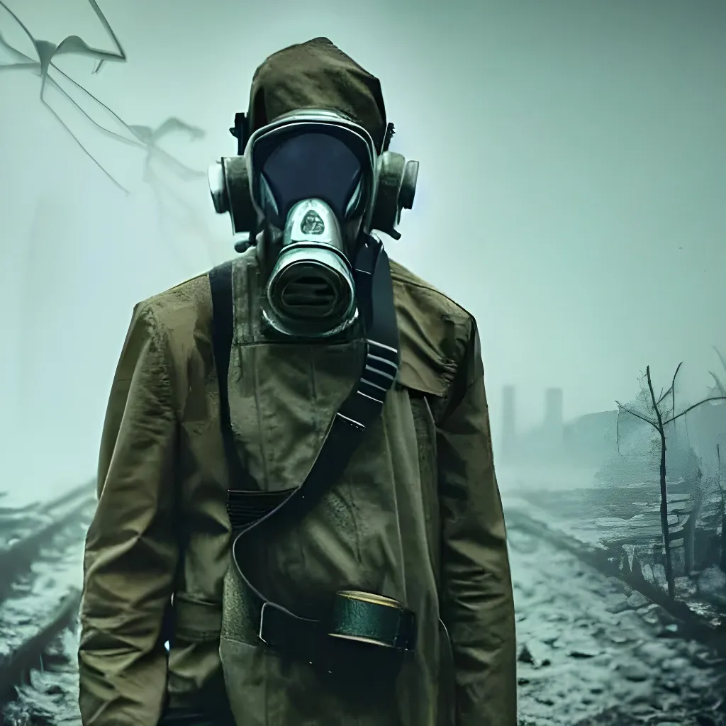 Prompt: Male Survivor wearing a gas mask, backpack with gear and weapons and a trench coat roaming around a post apocalyptic rotting wasteland, Stalker, chernobyl by HR Giger