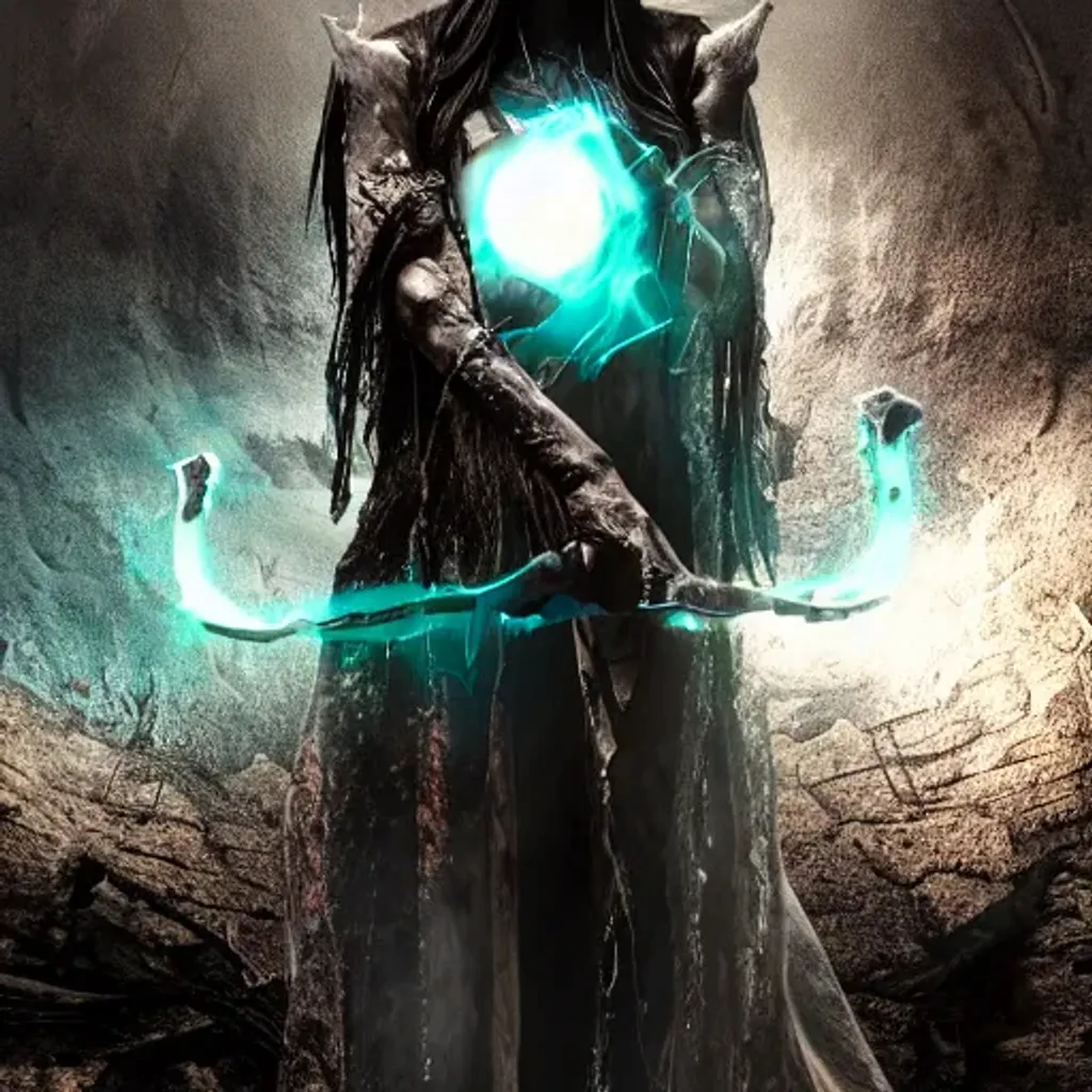 Prompt: Hela from Helheim, half-decayed, half-alive, face is half-white and half-black,one eye bright and the other dark, wearing a cloak made of shadows, carrying a staff, style, dark mystic vibe, octane render, photorealistic, unreal engine, teal black color palette, 8k, unreal engine, octane render