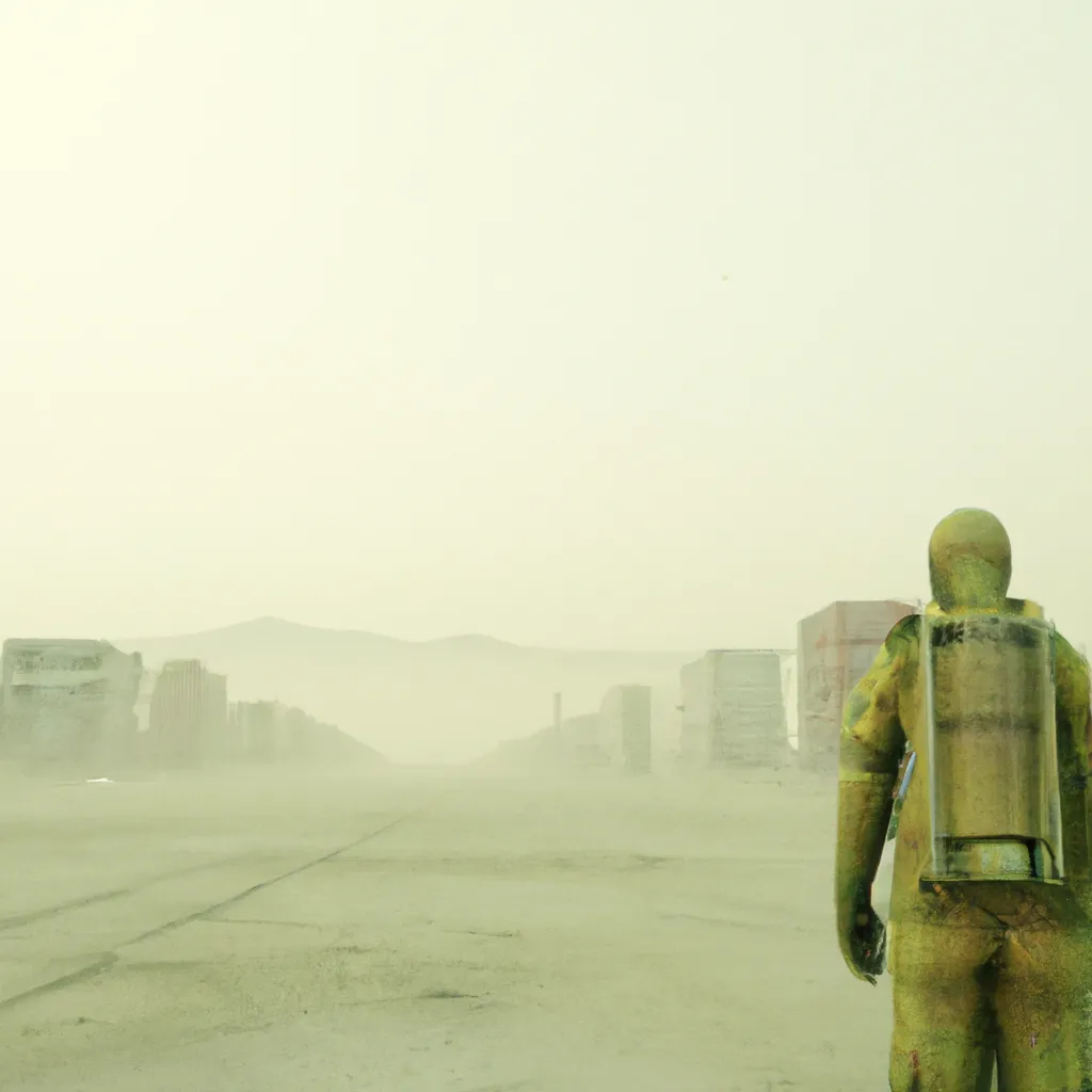 Prompt: Cinematic movie still of a man in a hazmat suit walking the ethereal plane of a Dystopian Wasteland with a town sinking in a crater filled with lime green ooze, erie, foggy, scary, digital art,4K, octane render,award winning,