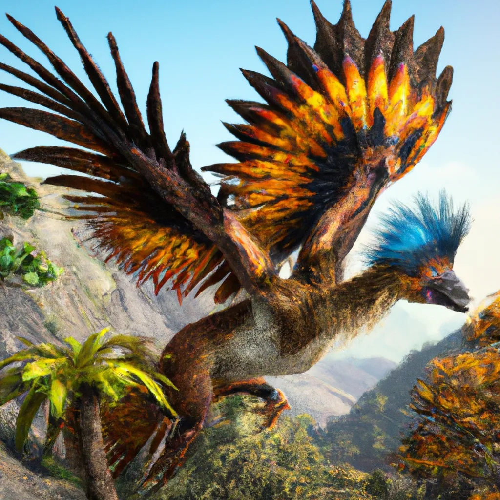 Prompt: The giant  Corvid-Hoatzin chimera of Archaeopteryx from the pre-historic era, in its habitat.  speculative evolution. Highly realistic accurate anatomical CGI representation, transitional features with birds and dinosaurs, amazing colors and patterns on its feathers, hyperrealistic, wildlife photography
