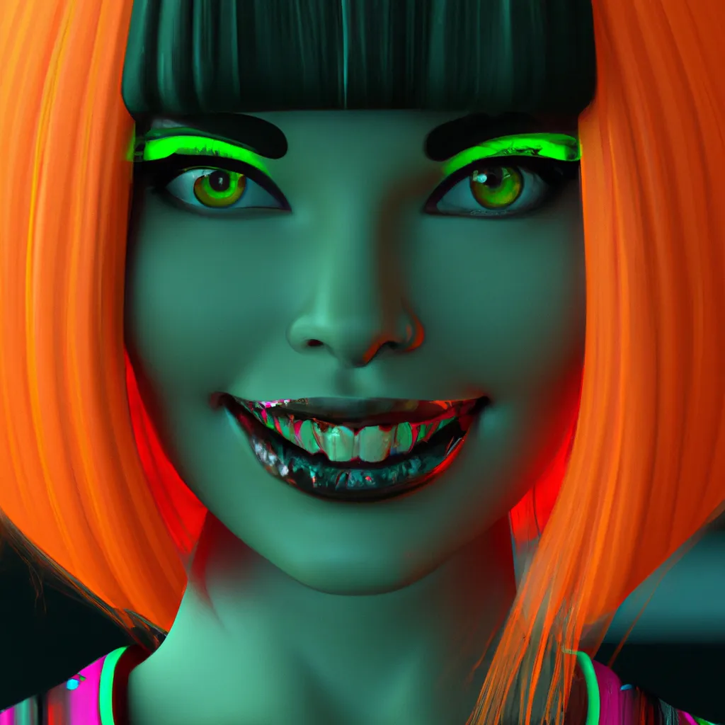 Prompt: half body and face solarpunk shot of a BJD 3D cyberpop, nina kraviz, ultra realistic, 16k, trending, detail, face and hair by Peter Chung, orange lights, face recognizably human, fiber optic teal hair, green lipstick, orange eyeshadow, cute teeth, gentle smile, nose ring, plump lips