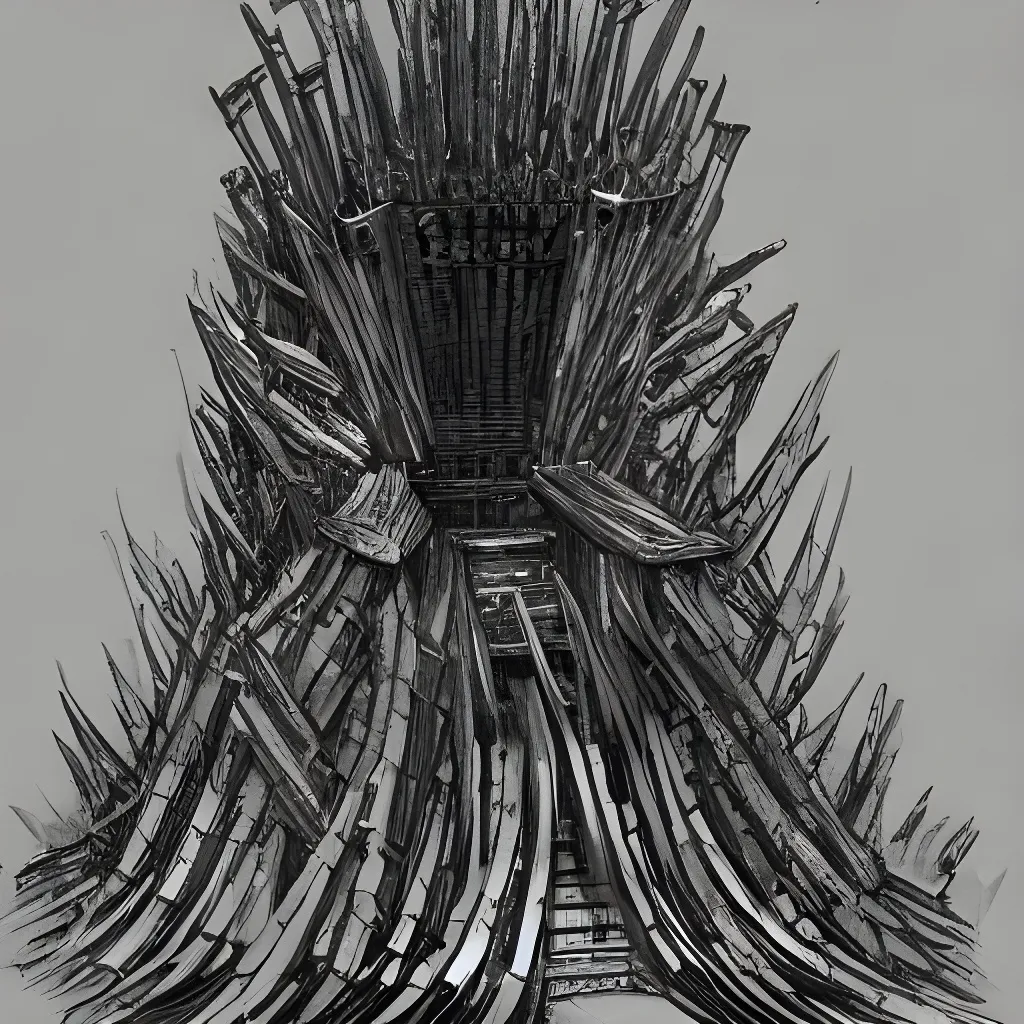 Prompt: concept art of a throne with steps and a seat made from a thousand swords lined up and joined together. 20 feet tall. twisted and terrifying. intimidating. monstrous. Kentaro Miura. trending on artstation.