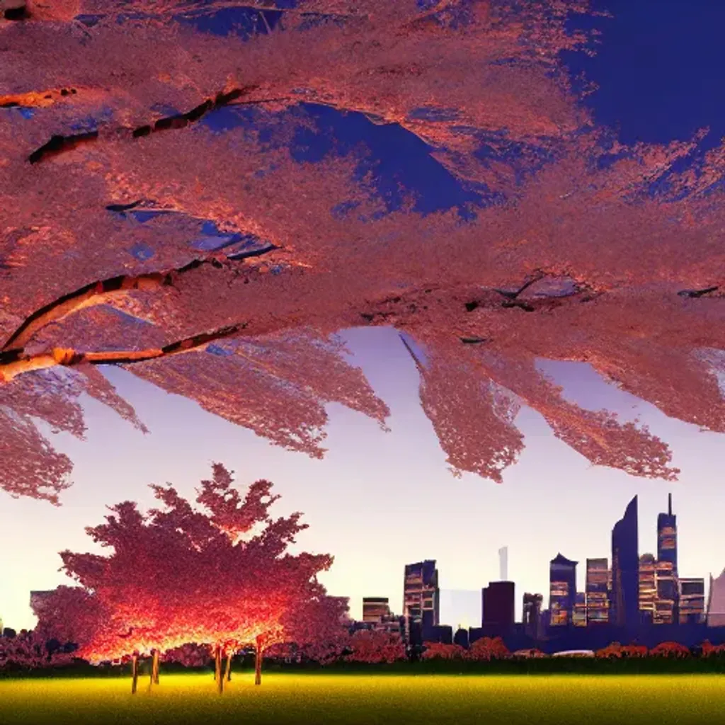 Prompt: three low poly cherry blossom trees on a hill in autumn at night, with city skyline in the background