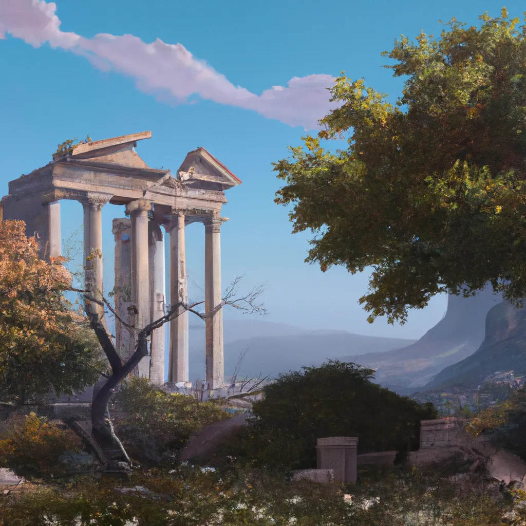 Prompt: a beautiful painting of the an Ancient Greek temple. Fig trees, peaceful, painted by Albert Bierstadt, concept art, award-winning, trending on art station, 8k