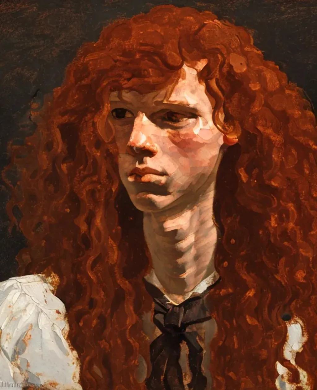 Prompt: oil painting by Winslow Homer portrait of slender man disheveled curly auburn hair five o'clock shadow deep hazel eyes, cinematic atmosphere, ambient lighting, award-winning cgi