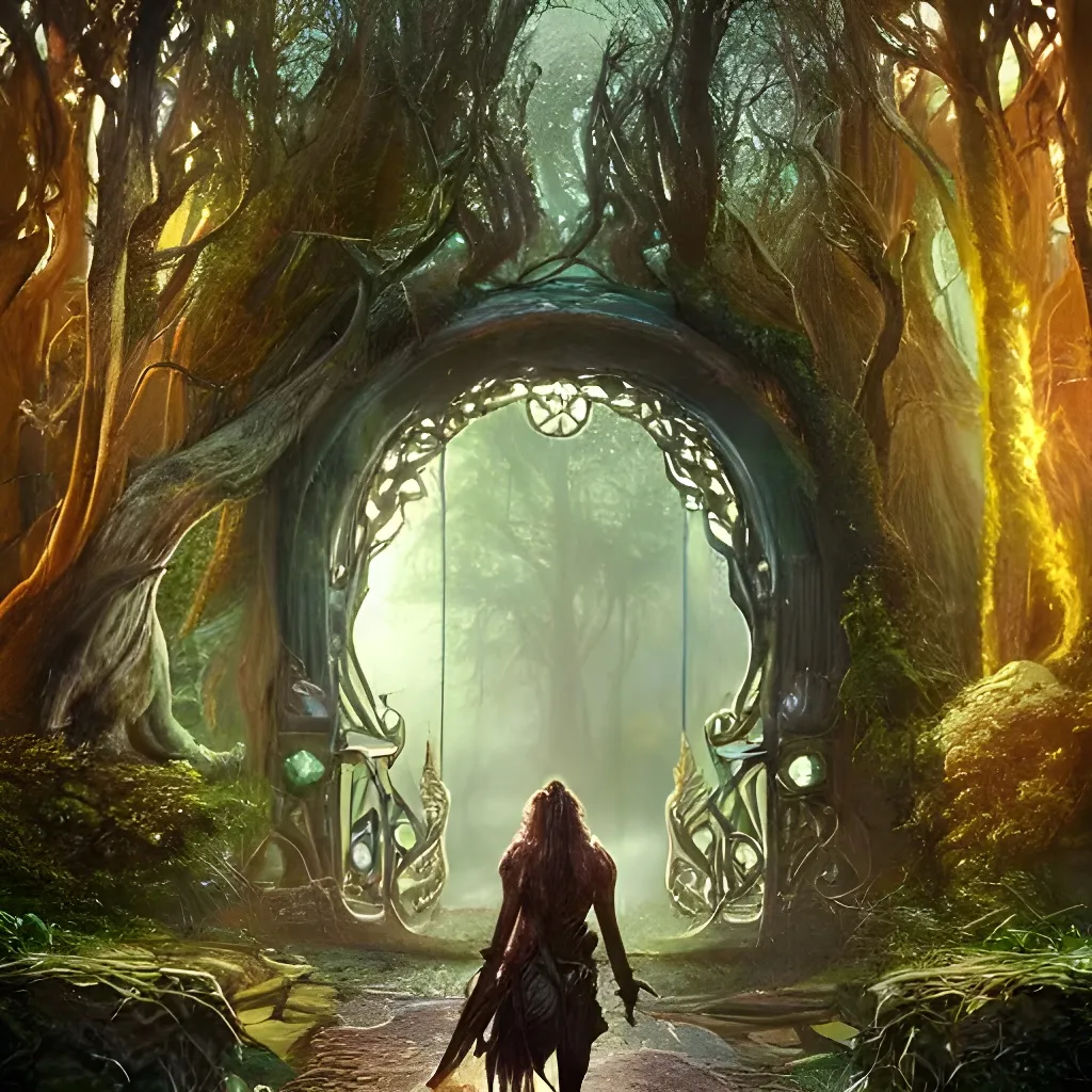 Prompt: Warrior walking towards beautiful fantasy glowing water vortex portal archway of the ancient forest gods in the magical forest, hyperdetailed, path, art nouveau architecture, mystical, picturesque, cinematic lighting, dappled sunshine, concept art, digital art, In the style of greg rutkowski, detailed, intricate detail, hyper-realistic