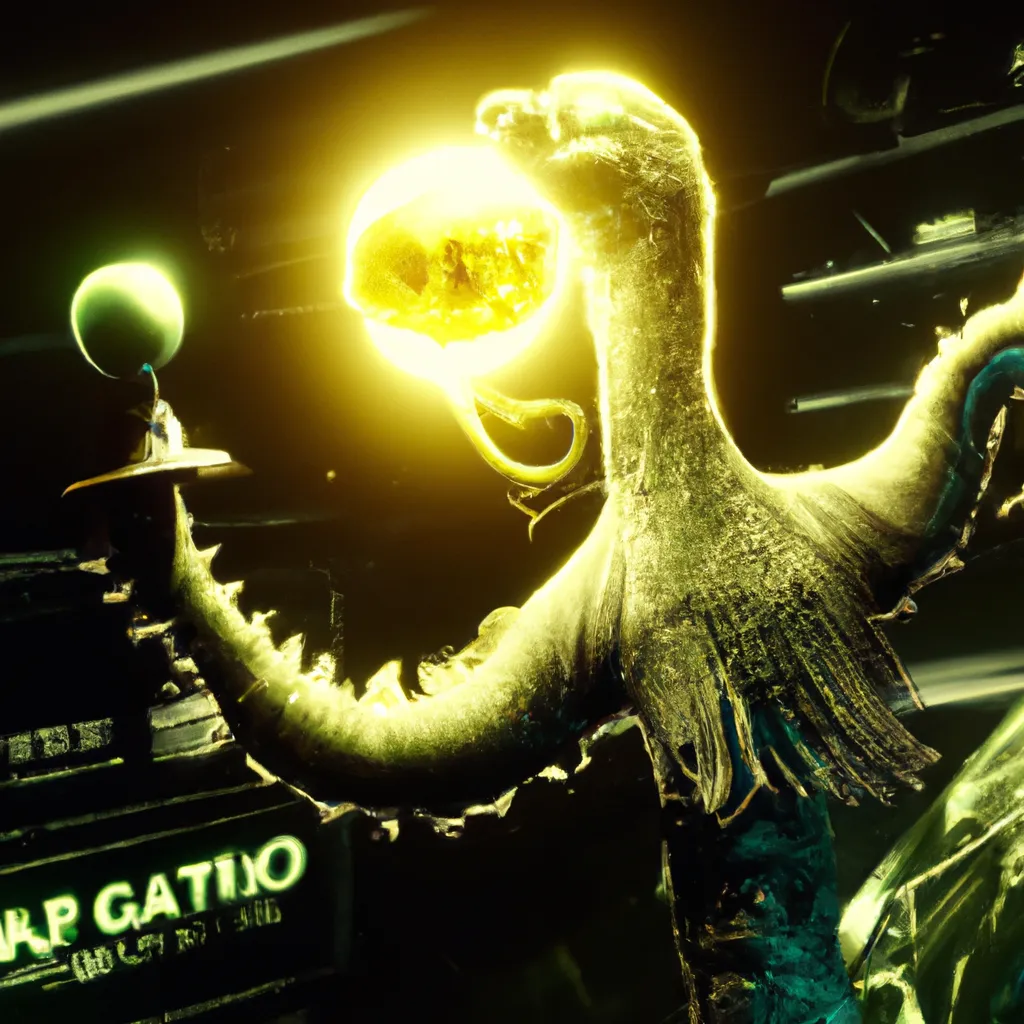 Prompt: A spectacular 3D render of a humanoid Cthulhu, Fabergé, radioactive lemon, that shots a futuristic laser, at an hostile alien army. Dramatical rays of light, skeumorphism, ultra high quality, unreal engine, super realism, shot on Nikon 80 mm, H.R. Giger, John Atkinson Grimshaw, M.C. Esher, Artstation.

