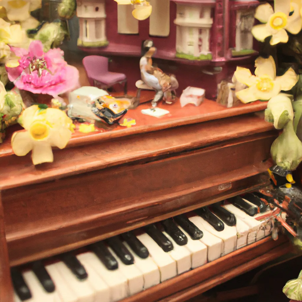 Prompt: Bee pollinating a beautiful flower scene | through the lens | man playing a piano  | living room | pulp fiction diorama | dimly lit interior | Mark Ryden 