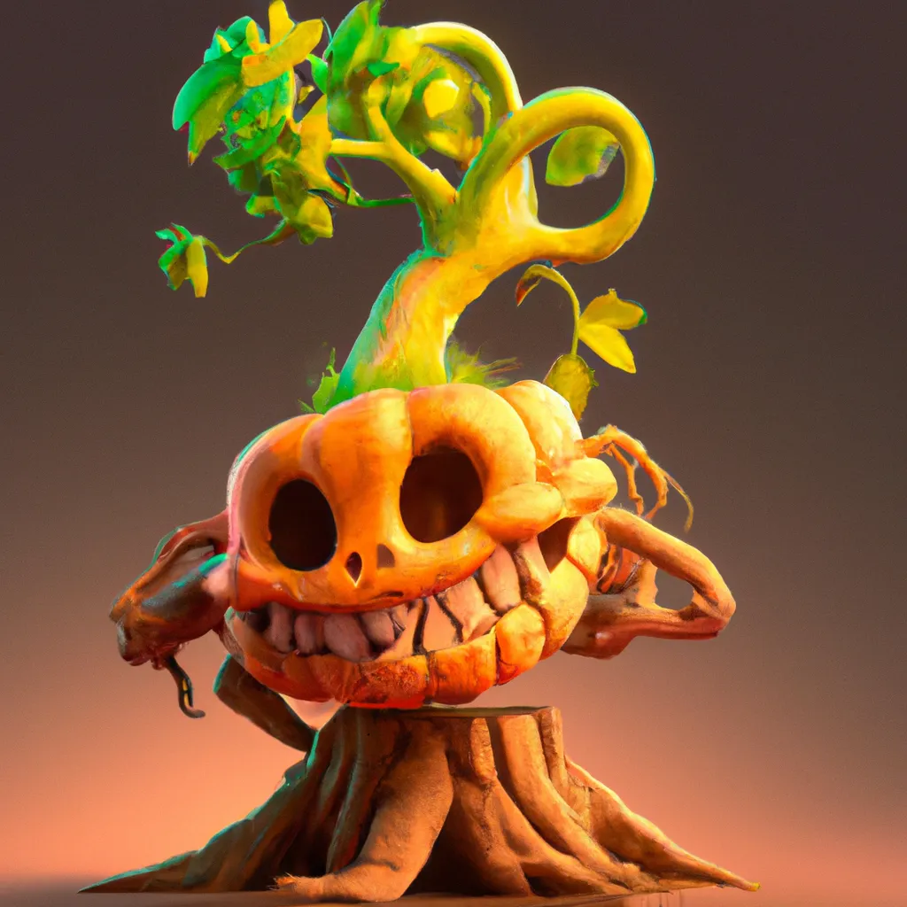Prompt: 🙂 pumpkin root deadtree Character Concept of BrawlStars, light in Octane Render, High Resolution, Artstation 1