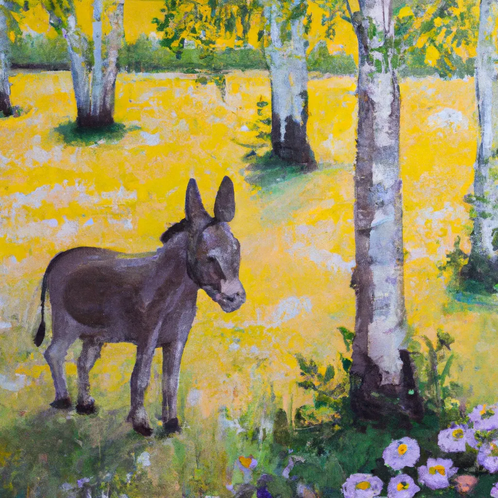 Prompt: painting of a donkey in a field of flowers, birch trees, scenic, idealic, soft light